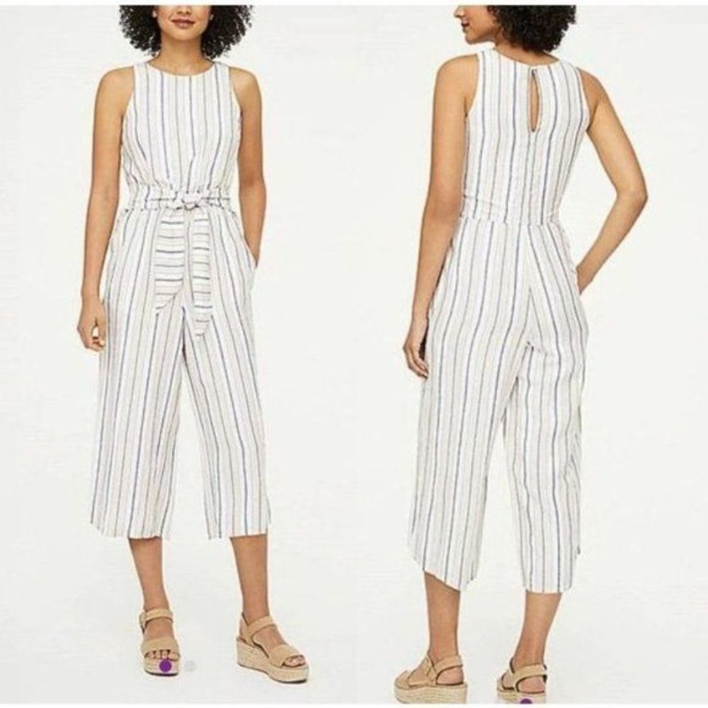 LOFT Outlet Painted Stripe Belted Linen Blend Jumpsuit 2